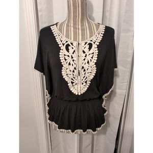 Studio Y Women's Black‎ Ivory Crochet Cinch Waist Boho Cottage Y2K Top Medium